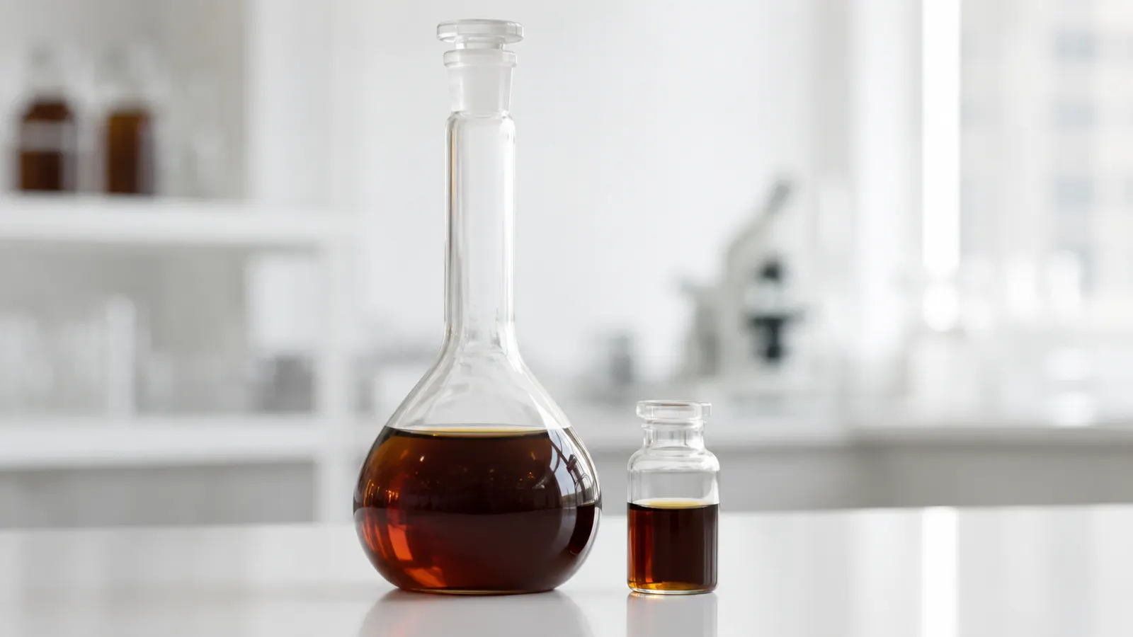 Glass flask containing dark amber humic acid extract in a laboratory setting