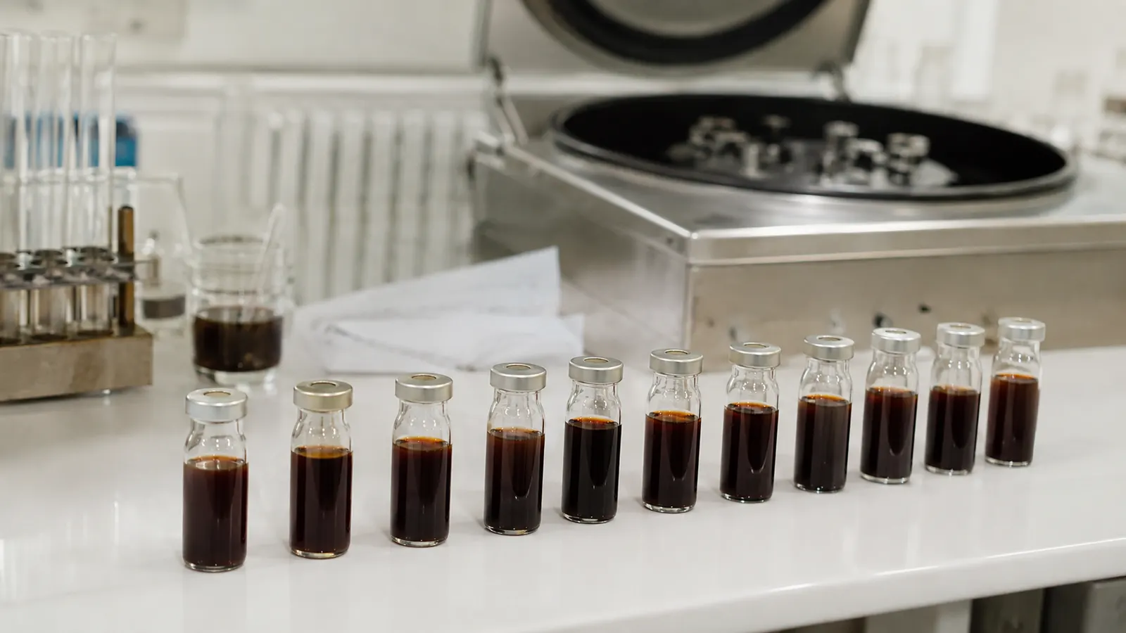A row of dark peat extract sample vials on a laboratory bench beside a centrifuge
